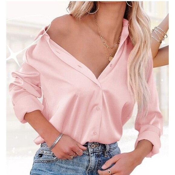 AISEW Women’s Satin Blush Pink Button-Up Blouse Top Size 2XL Long Sleeve Collar - Picture 3 of 8